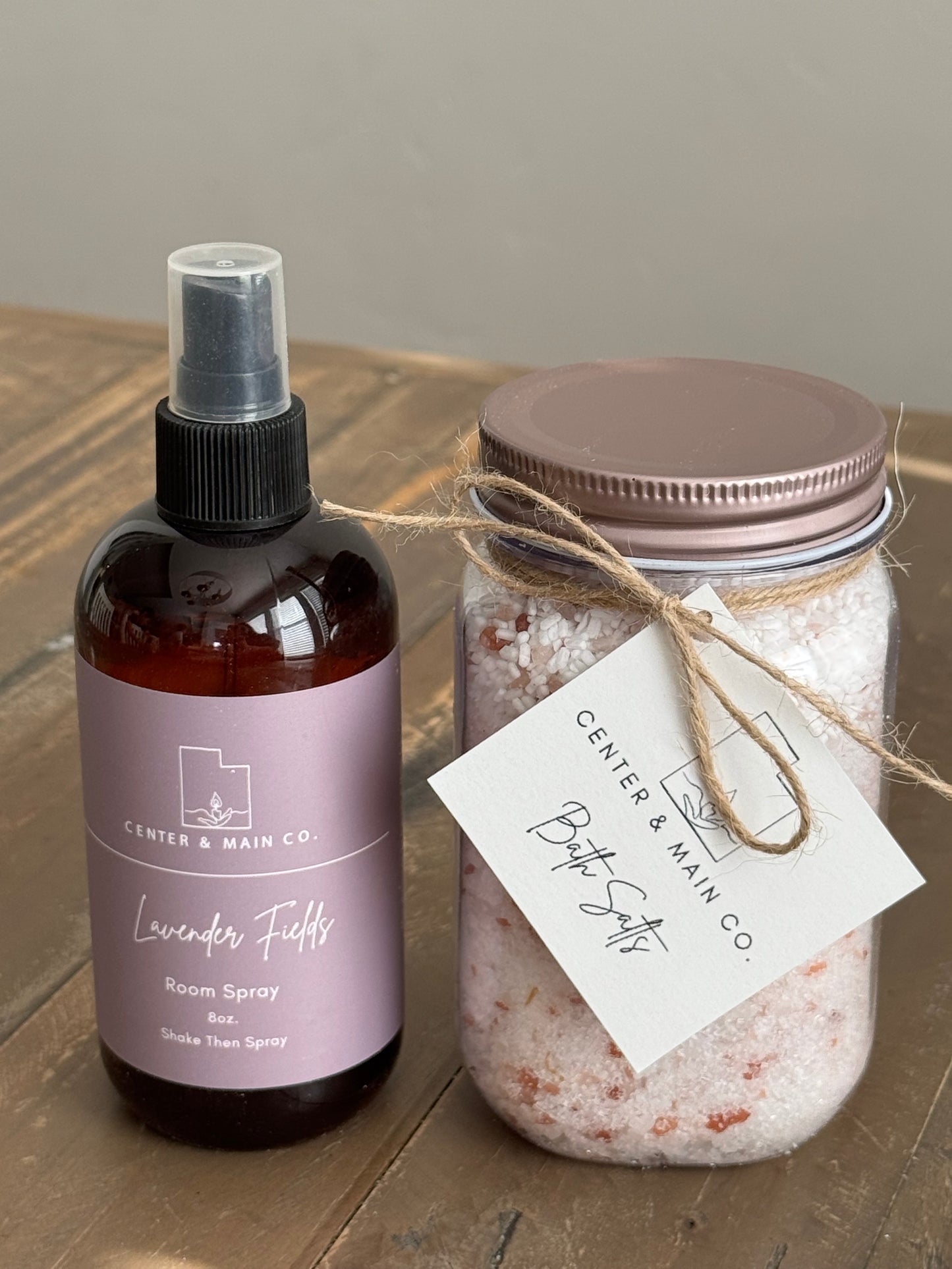 Room spray air freshener and epsom bath salt front view
